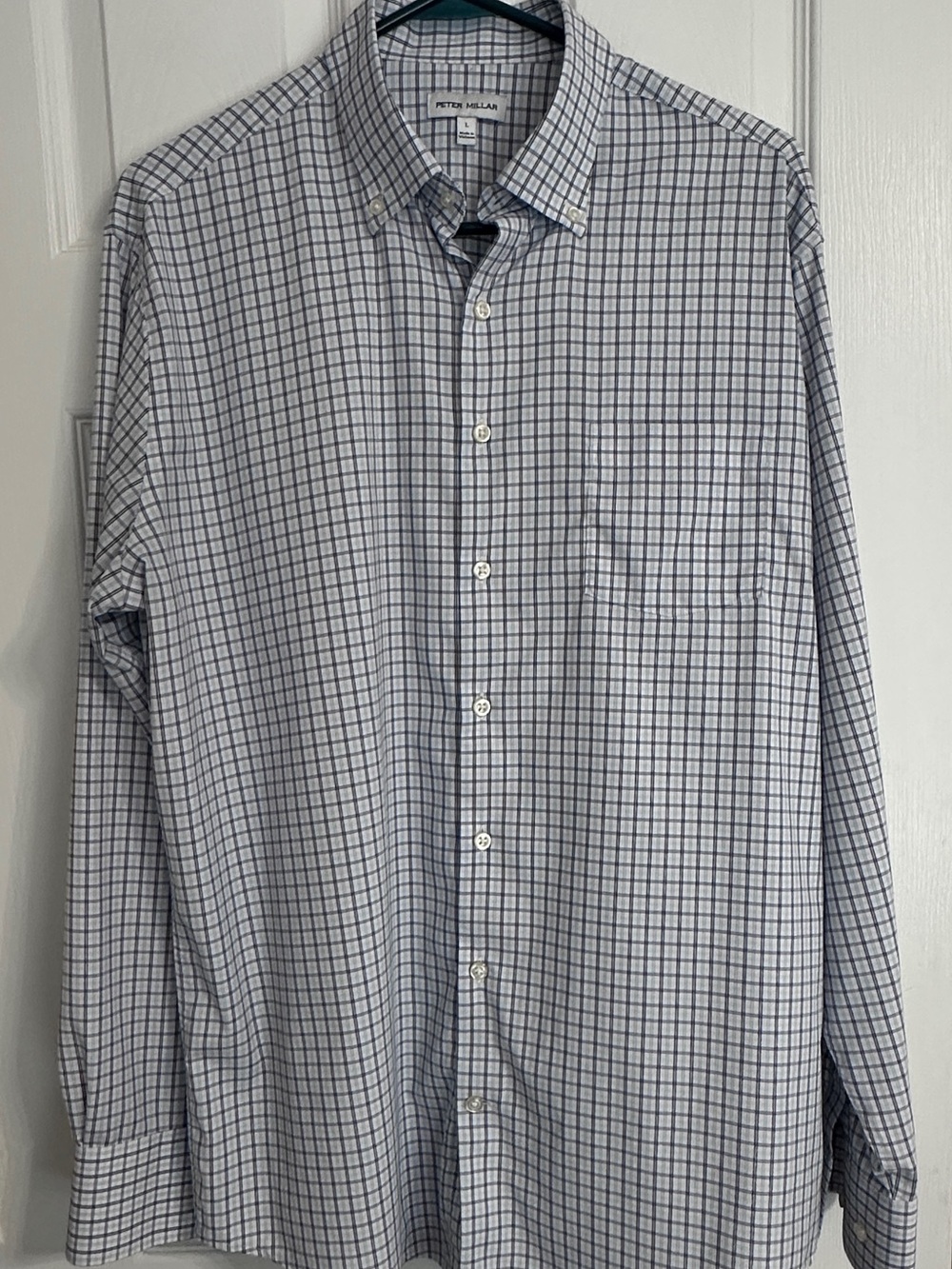 Peter Millar Warren Crown Lite Plaid Sport Shirt Men's Large White & Blue